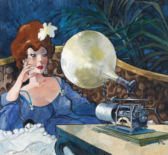 Will - Peinture originale, Femme au gramophone